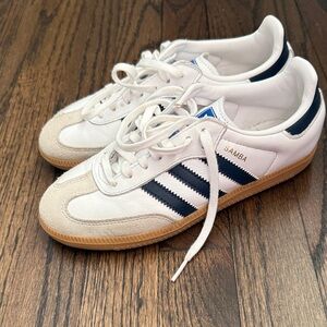 adidas Samba White Sneakers with Navy Stripes and Gum Sole